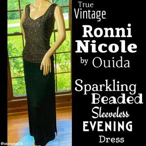 ▪️VTG▪️RONNI NICOLE by OUIDA▪️Sparkling Gold & Red Beaded Black Sleeveless Dress